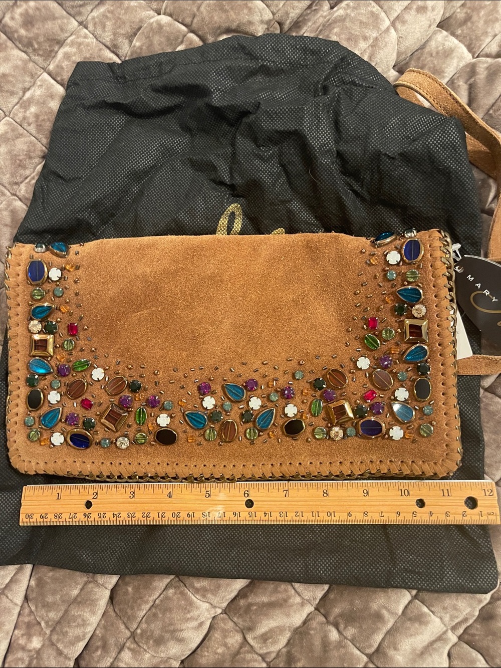 Anthropologie Mary Frances Tan Suede Crossbody with Jeweled Embellishments - Picture 7 of 8